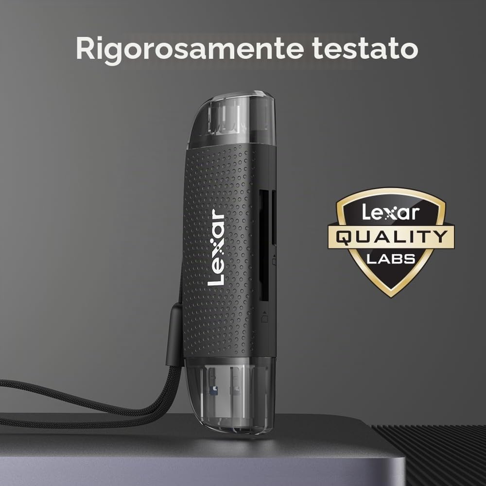 Lexar Lettore USB-A/C a doppio slot, velocità di trasferimento fino a 205 MB/s, supporta schede SD e microSD (LRW310X-BNBNG)