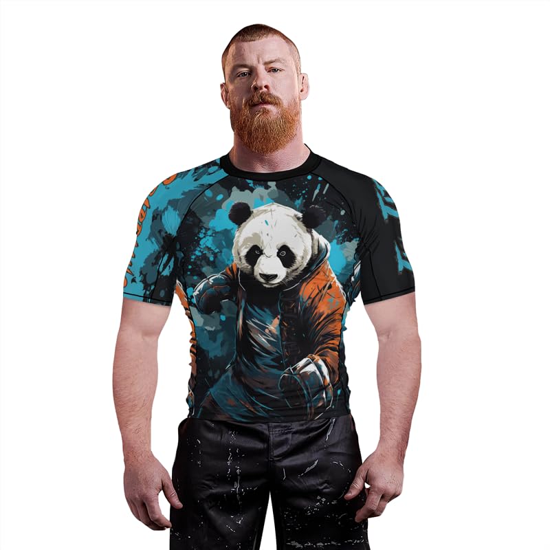 Panda Fighter Men's Short Sleeve Compression Rash Guard MMA Jiu Jitsu BJJ Grappling Base Layer Combat Shirt4