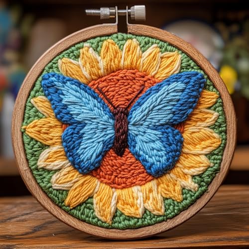 Image of DIY Punch Needle Kits Butterfly on Sunflower with Hoop 20x20cm-1 | with Pattern Stamped Easy for Beginners Embroidery Punch Needle Starter Craft Set for Adults Festival Gift and Decoration