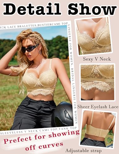 Image of Avidlove Lace Bralettes for Women Y2k Strap Bustier Cami Top V Neck Camisole Lingerie
