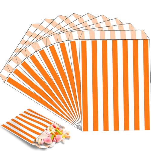MOMAHUA 100 Piezas Bolsa Bocadillo Naranja Raya,13x18cm Bolsa Papel Chuches,Bolsas Palomitas para Niños,Bolsas de Regalos Pequeñas para Fiestas Cumpleaños Candy Bar Bodas
