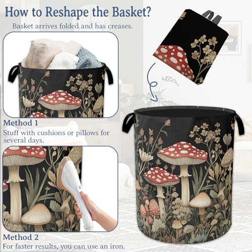 Image of Red Mushrooms Laundry Basket,Foldable Waterproof Oxford Cloth Tote Bag Wildflower Plant Berries Laundry Hamper with Handles,20.8 inchx16 inch Clothes Storage Bucket Organizer for Laundry Room Bathroom Bedroom