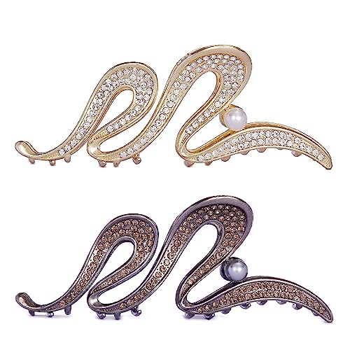 5.2Inch Large Hair Clips For Thick Hair, 2 Pcs Rhinestone Metal Hair Claw Clips Pearl Nonslip Big Gold Hair Clamps Wave Claw Hair Clips For Women And Girls Thicker Hair Strong Hold Hair Clips #TOP16