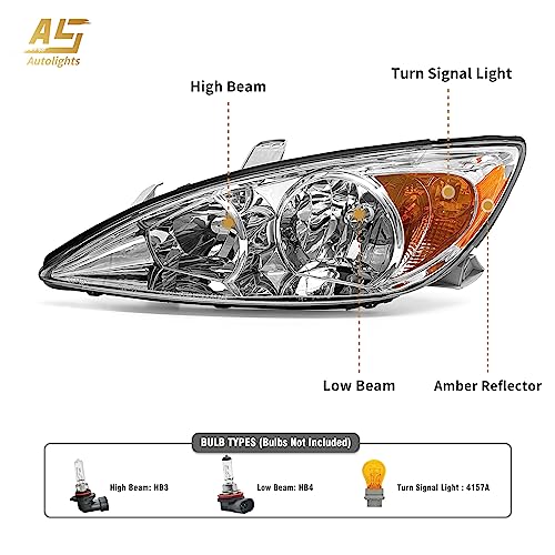 AS Headlight Assembly Compatible with 2002 2003 2004 TOYOTA CAMRY Headlight Chrome Housing Amber Reflector Clear Lens Driver and Passenger Side Pair Not Fit Solora Models - Image 3