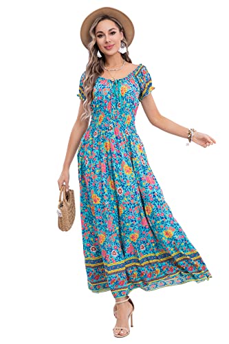 Image of OSTOO Women's Floral Maxi Dress Boho Summer Short Sleeve Smocked Waist Tiered Long Dress