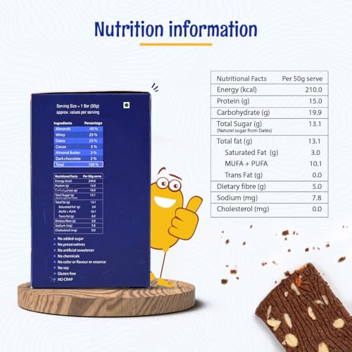 Image of ANAVRIN Choco Almond Protein Bar - 15g Protein, 5g Fibre with Goodness of Dates (6 Bars x 50gm) No Added Sugar, No Soy, No Preservatives Gluten Free Energy Bar, Healthy Snack