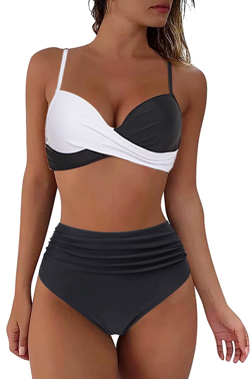 Yutdeng Trajes de Baño Divididos Mujer Push Up Bikinis con Aros Sexy Crossover Fruncido Conjunto de Bañador Correas Ajustables Estampado Braguita de Bikini Cintura Alta