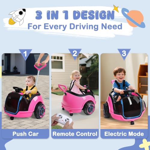 Image of ANPABO 3-in-1 Electric 12V Ride on Push Car for Kids 1.5-3, Pink