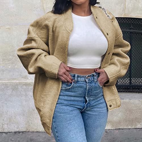 Ainangua Women's Casual Wool Blend Jacket Stand Collar Button Down Long Sleeve Bomber Shacket Jackets Outerwear(Khaki,L) #TOP2