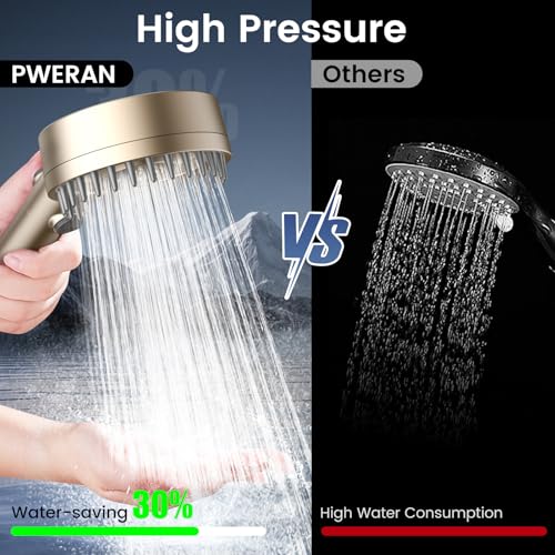 Image of PWERAN Filtered Shower Head with Handheld, High Pressure 4 Spray Mode Showerhead with Filters, Water Softener Beads for Hard Water with ON /OFF Switch for Pets - Remove Chlorine (Golden, 5 Inch Panel)
