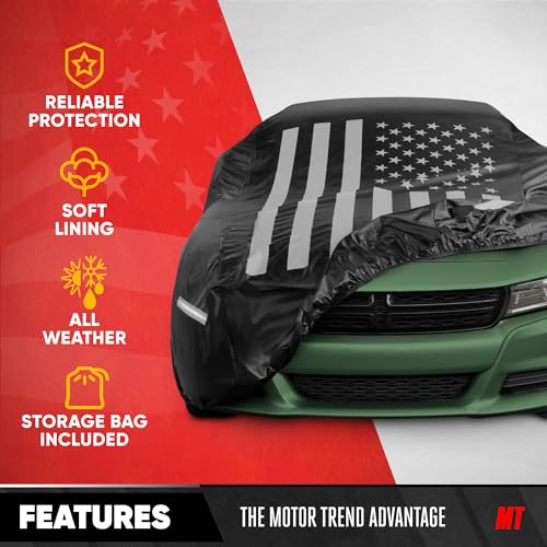Image of Motor Trend Black USA Flag Waterproof Car Cover - All Weather Outdoor Protection, UV Resistant, Windproof, Scratchproof - Semi-Universal Fit Sedan Full Car Cover for Sun Rain Snow (191 inch- 210 inch Length)