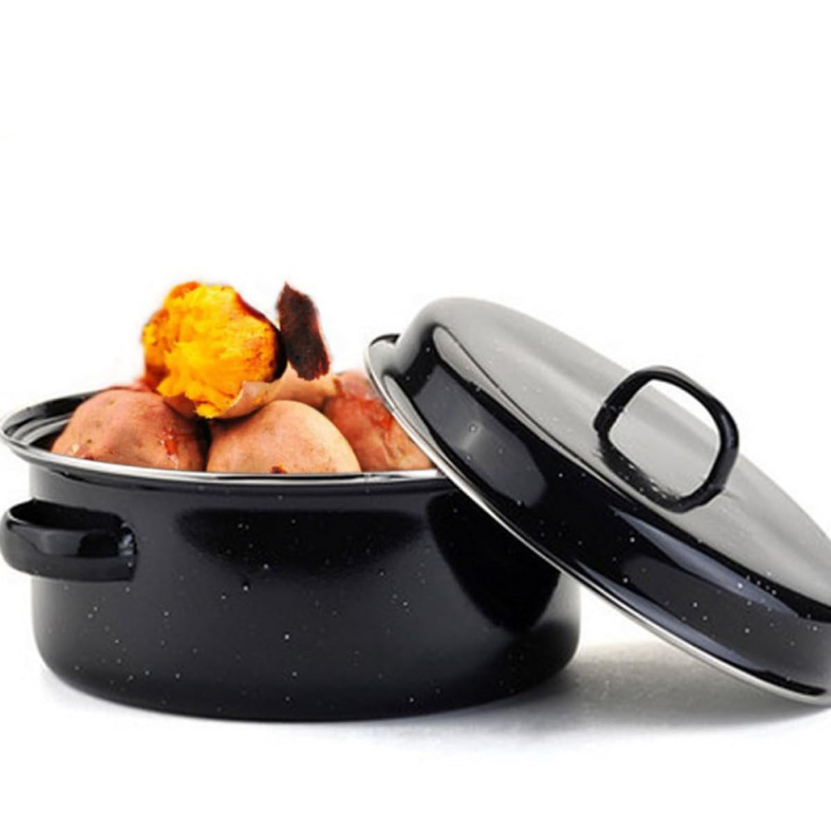 Sartén de Patatas y Castañas Asador Redondo Tapa, Hierro Esmaltado, Negro, Superficie Lisa, Fácil de Limpiar, para Patatas y Alimentos, Cocina Doméstica
