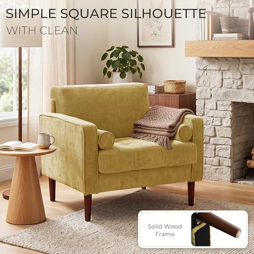Image of Accent Chairs Stet of 2, Chenille Upholstered Armchairs for Living Room, Comfy Single Sofa Bedroom Reading Seat with 2 Bolster Pillows, Yellow