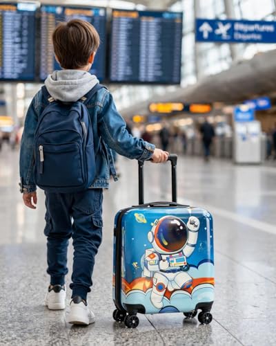 Image of Kids Carry On Luggage with Wheels 18 Inch Hard Shell Suitcase for Boys and Girls | Rolling Travel Bag with Retractable Handle and Spinner Wheels for Trips (Blue SP@CE )