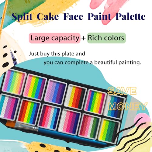 Image of Face Painting Kit, 12 Split Cake Face Paint Palette Makeup Kit Non-Toxic Water Activated with Brush, Sponge for Party Halloween (12 Split Cakes)