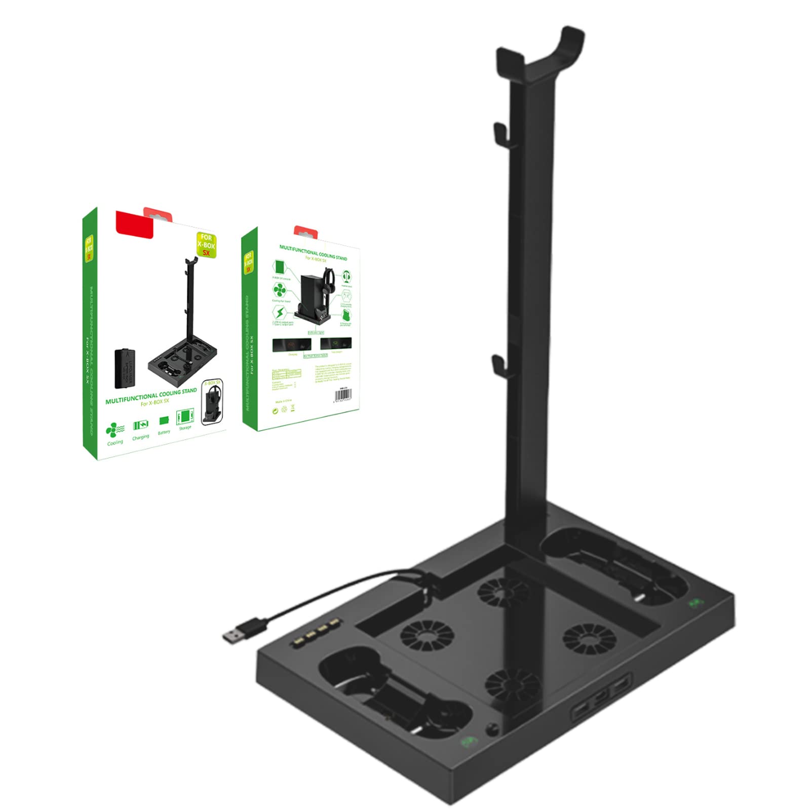 Base de Enfriamiento para Consola Series X, Soporte de Ventilador de Enfriamiento Multifuncional, 4 Ventiladores de Enfriamiento, con Soporte para Auriculares Adaptador de Batería Indicador de Ca