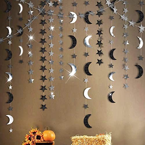 Ramadon Party Decoration Black Silver Crescent Moon Star Garlands Halloween Birthday Decorations Hanging Twinkle Star Garlands For Bday Wedding Eid Retirement Graduation New Year Even Party Suppies #TOP19