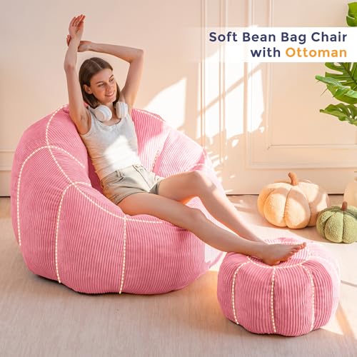 Image of MAXYOYO Giant Bean Bag Chair with Ottoman, Pumpkin-Shaped Bean Bag Sofa with Footstool, Oversized Boneless Couch Chair in a Box, Comfy and Lazy Lounge for Dorm, Living Room, Bedroom, Pink