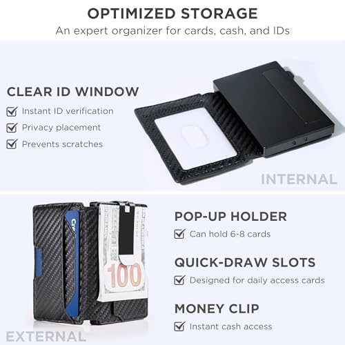 RFID Blocking Slim Wallet for Men w/Metal Pop Up Credit Card Holder & Money Clip, Minimalist Carbon Fiber Bifold Front Pocket Wallet3