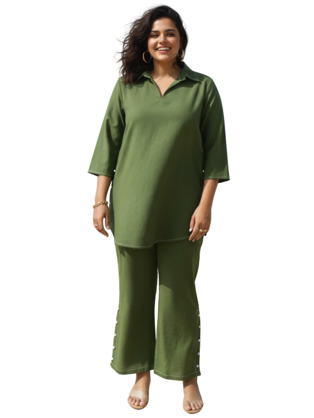 Women's Navy Denim Co-ord Set with Stitchline Detailing | Collared 3/4 Sleeve Shirt with Button Trim Trousers | Casual Denim Co-ord for Daily, Casual, Vacation & Travel Wear-picture-36