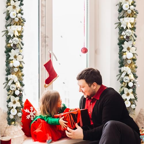 GarveeHome 6 Ft Pre-Lit Christmas Garland, Battery Operated Lighted Xmas Garland with 20 Lights & Timer, Christmas Garlands with Lights for Mantle Table Centerpiece Indoor Outdoor Decor,White