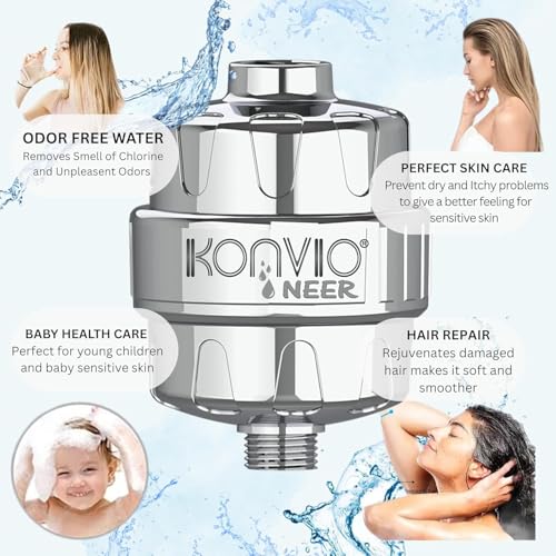 Image of Konvio Neer 22-stage advanced Shower Filter for Hard Water | Multi-Stage Borewell /Tanker Water Softener for Bathroom, for better hair and skin | Chrome Finish (22-Stage, Pack of 1 + Extra Cartridge)