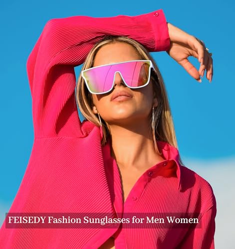 Image of FEISEDY Sunglasses for Women Men, Fashion Mirrored Single Lens Shades | 80s Rave Neon Oversized Sun Glasses, Driving Beach UV400 Sunnies B2996