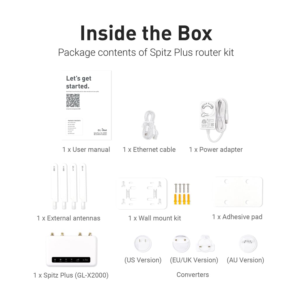 GL-X2000(Spitz Plus) Cellular Gateway 4G LTE Router do domu, firm, kamperów, podróży samochodem, CAT 12, router Wifi 6, odłączane anteny, Dual-SIM, OpenVPN (tylko UE)