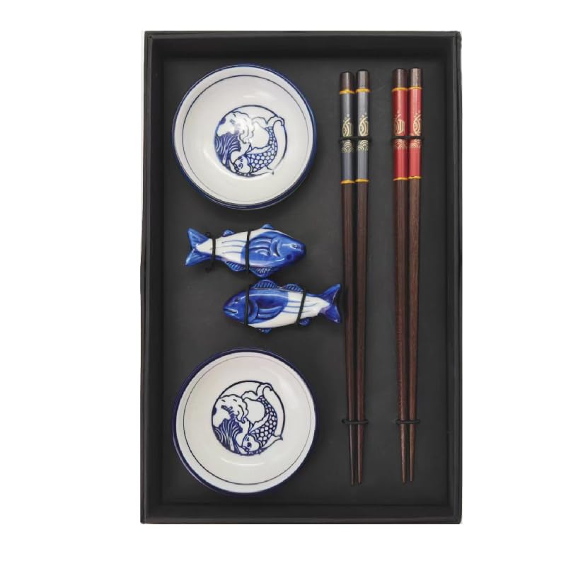 2 PairsChopstick Set with Fish Design Ceramic Dishes, Premium Set with Holders, Quality Gift Set