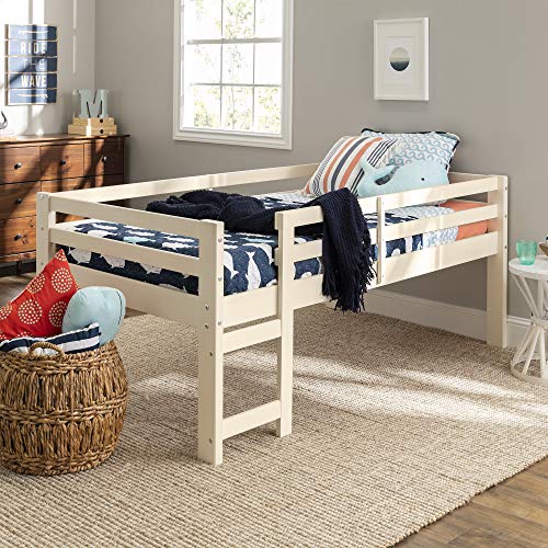 Walker Edison Wood Twin Low Loft Bunk Kids Bed Bedroom with Guard Rail and Ladder, White