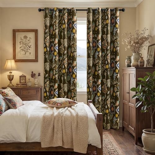 Image of XiDi Olive Green Blackout Curtains Vintage Floral Botanical Patterned Drape | Curtains 96 Inches Long Yellow Green Boho Framhouse Black Out Curtains & Drapes for Living Dining Room 2 Panels 52x96