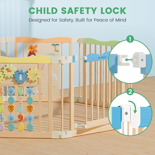 Image of Foldable Wooden Playpen - Adjustable Wood Baby Play Yard with Child-Proof Lock, Indoor Large Safety Fence for Babies and Toddlers - Easy Assembly, 55 x 55 x 24 inches, Dino Land, Colorful