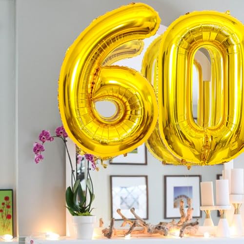 Image of SINBEE Gold 40inch Number Balloon for Party, 60 Mylar Foil Digital Balloon for Birthday, Anniversary, Decorations Supplies (Gold 60, 1.0 Count, 40 inches, Reusable, Unisex)