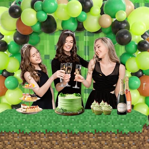 Image of Calmi 3 Pack Green Foil Fringe Curtains Pixel Birthday Backdrop, 3.3x6.6ft Video Game Door Streamers for Boys Girls Gaming Birthday Party Decorations Supplies
