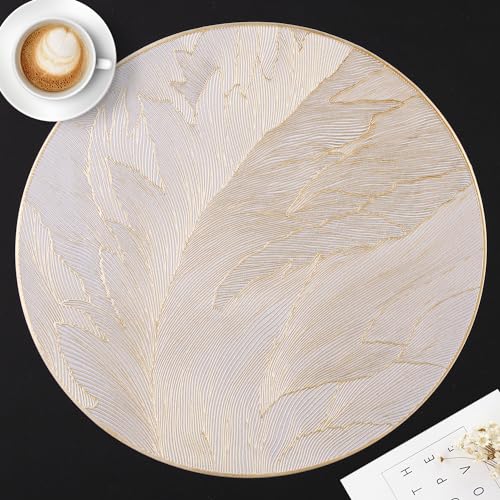 FAVE 6 stuks ronde placemats met veren geperste vinylplacemats set van 6 slipbestendige tafelmatten afveegbare gouden placemats voor bruiloft, banket, verjaardag, feest, restaurantdecoraties (15 IN