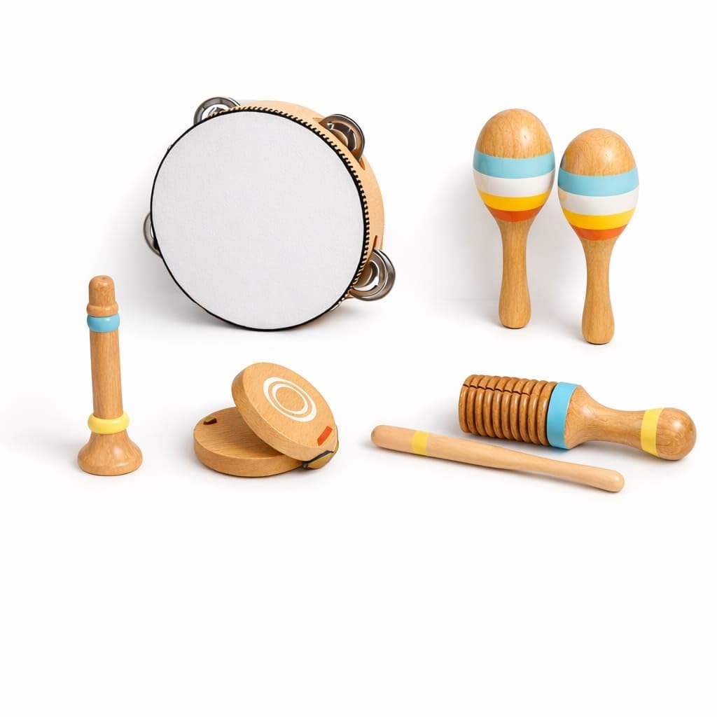 Wooden Musical Instruments Set for Kids & Toddlers | Montessori Educational Percussion Toy Set with Tambourine, Maracas, Castanet, Flute & Sounder for Rhythm & Early Learning (Multicolor)-image-20