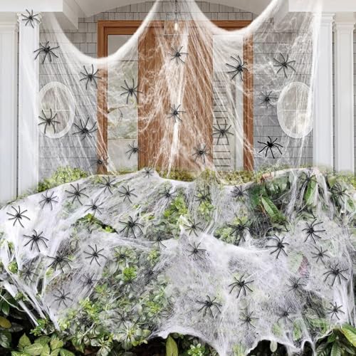2000 sqft Spider Web Decoration Halloween with 50 Black Spiders Super Stretched Spider Cobwebs for Indoor and Outdoor Holiday Spider Decorations