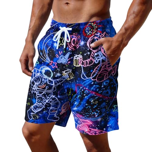 Purple Swim Trunks for Mens 3D Print Galaxy Men's Board Shorts with Drawstring Young Man Bathing Suits Vacation Swimwear Knee Length Mens Swim Trunks Fashion Swim Shorts L