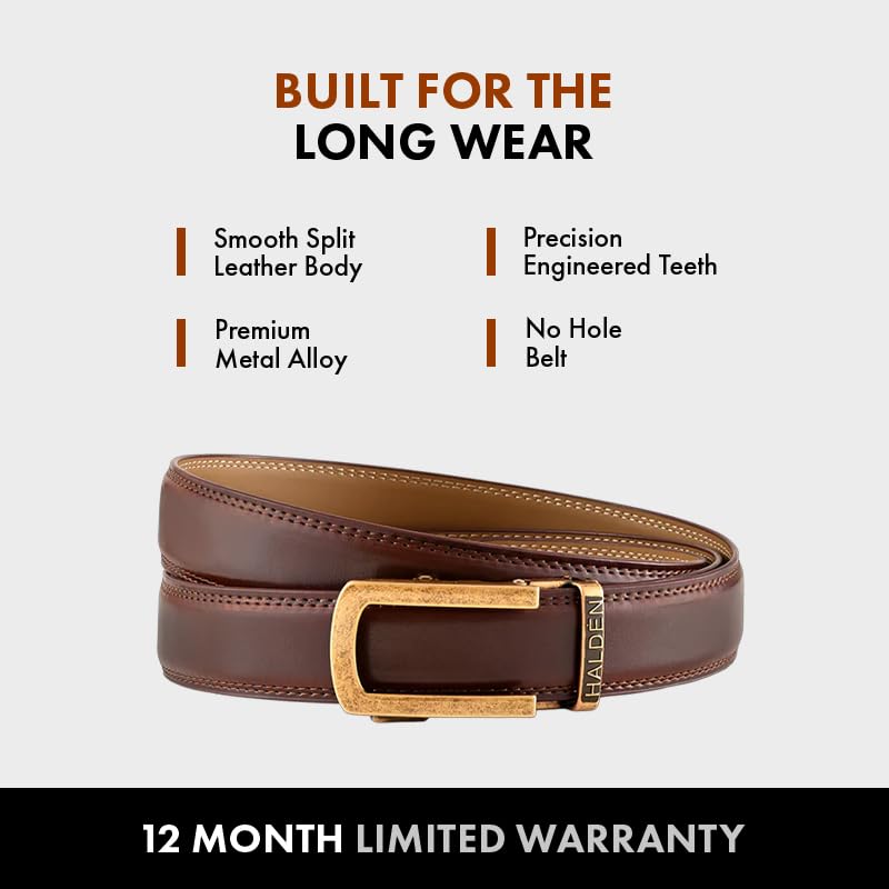 Image of HALDEN BURLEY Men's Brown Ratchet Belt | Auto-Lock Leather Formal Belt with Magnetic Buckle | Adjustable Free Size Fits Up to 44 Inch Waist