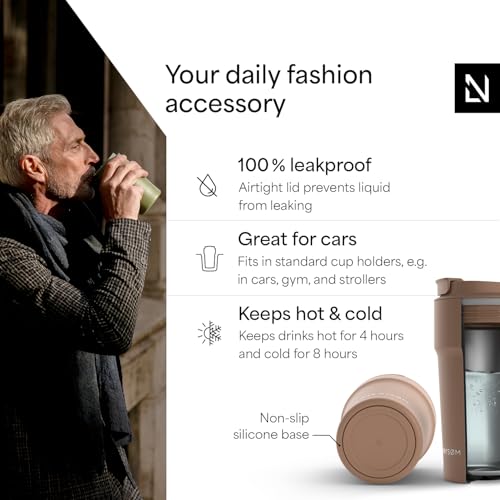 Image of LARS NYSOM Thermo Coffee Mug to go 17oz | Travel Mug 0.5 Liter with Insulation | Silicone grip base | Leak Proof Stainless Steel Tumbler for Coffee and Tea on the Go (Powder Mocha Brown, 17oz)