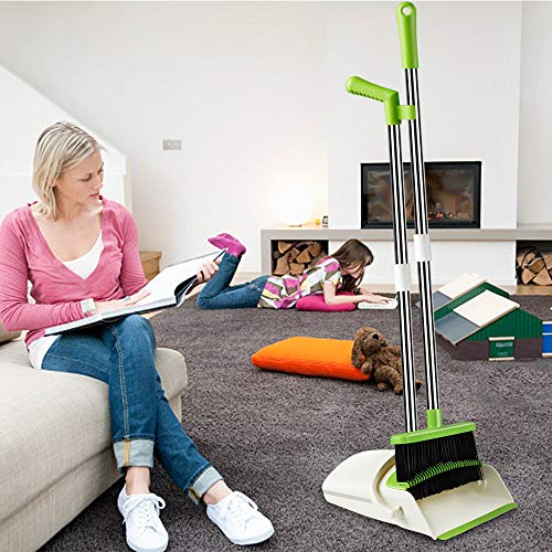 Image of Rubber Extendable Broom&Dustpan Set,Durable&Foldable Lobby Broom&Upright Dust Pan Combo With Long Handle,Ideal For Kitchen,Home&Indoor Use By Kelamayi (Yellow&Green),Hard Floor