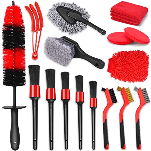 Lezcufer 16Pcs Car Wheel Tire Detailing Brush Set with Car Detailing Brushes,17inch Long Handle Rim Wheel Brush, Short Handle Tire Brush, Car Cleaning Kit for Cleaning Wheels,Interior,Exterior