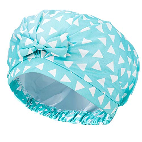 Auban Shower Cap Reusable,Ribbon Bow Bath Cap Oversized Large Design With Moldproof and Waterproof Exterior for All Hair Lengths,Great for Girls Spa Home Use,Hotel and Hair Salon (Blue Triangle)