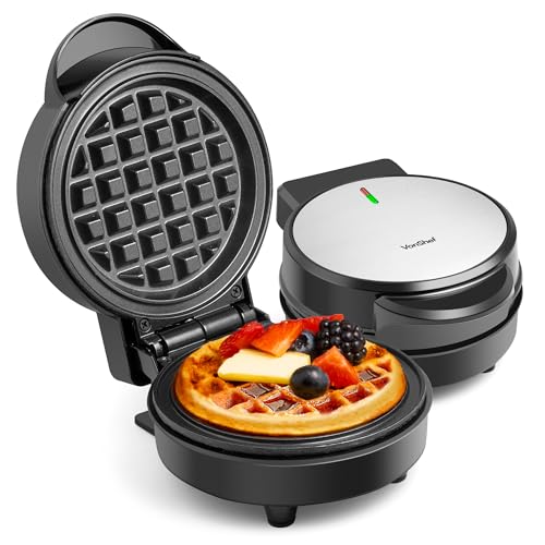 VonShef Mini Waffle Maker – 600W Waffles Machine with 12.5cm Non Stick Mini Iron Plates, Compact Breakfast Machine, Single Belgian & American Snacks Machine with Indicator Light – Black