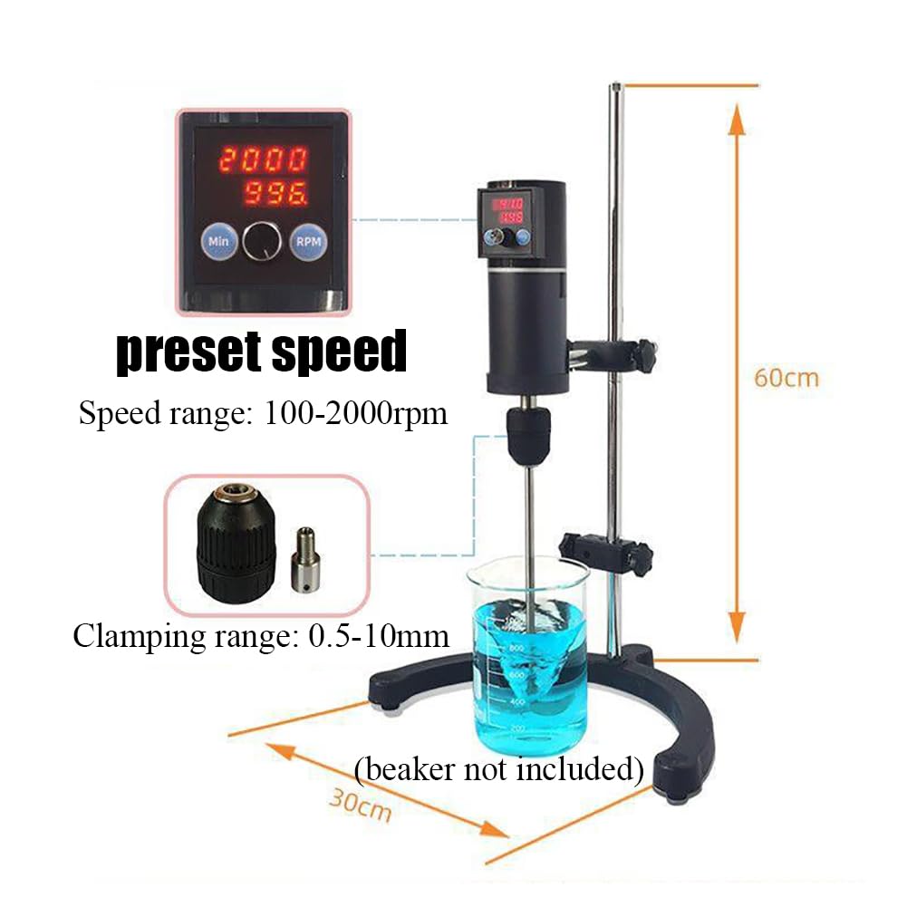 Agitador eléctrico digital superior, agitador de laboratorio de 20 L, velocidad ajustable de 100-2000 rpm, temporizador de 999 minutos, parada automática de sobrecarga para uso médico y químico