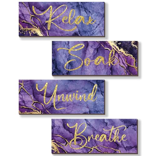 ONIZHITY 4 Pcs Purple and Gold Bathroom Decor Purple Gold Wall Decor Relax Soak Unwind Breathe Wooden Rustic Marble Style Bathroom Accessories for Bedroom Living Room Decor (10X4)