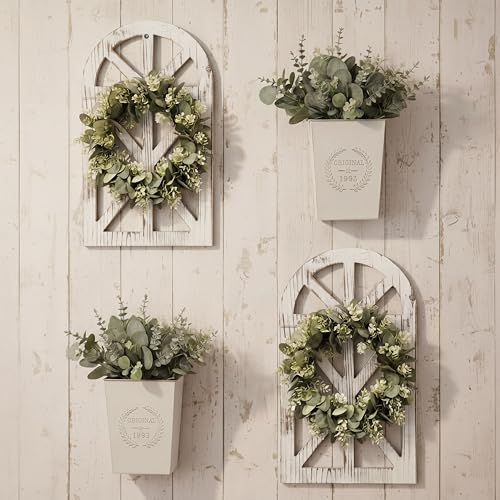 Acellegic 4 Sets 67 Pcs Rustic Farmhouse Wall Decor Set 15.7X 11 Window Frame Wall Decor with Eucalyptus Wreath and Metal Walls Planters Vintage Walls Art for Living Room Entryway(Arched)