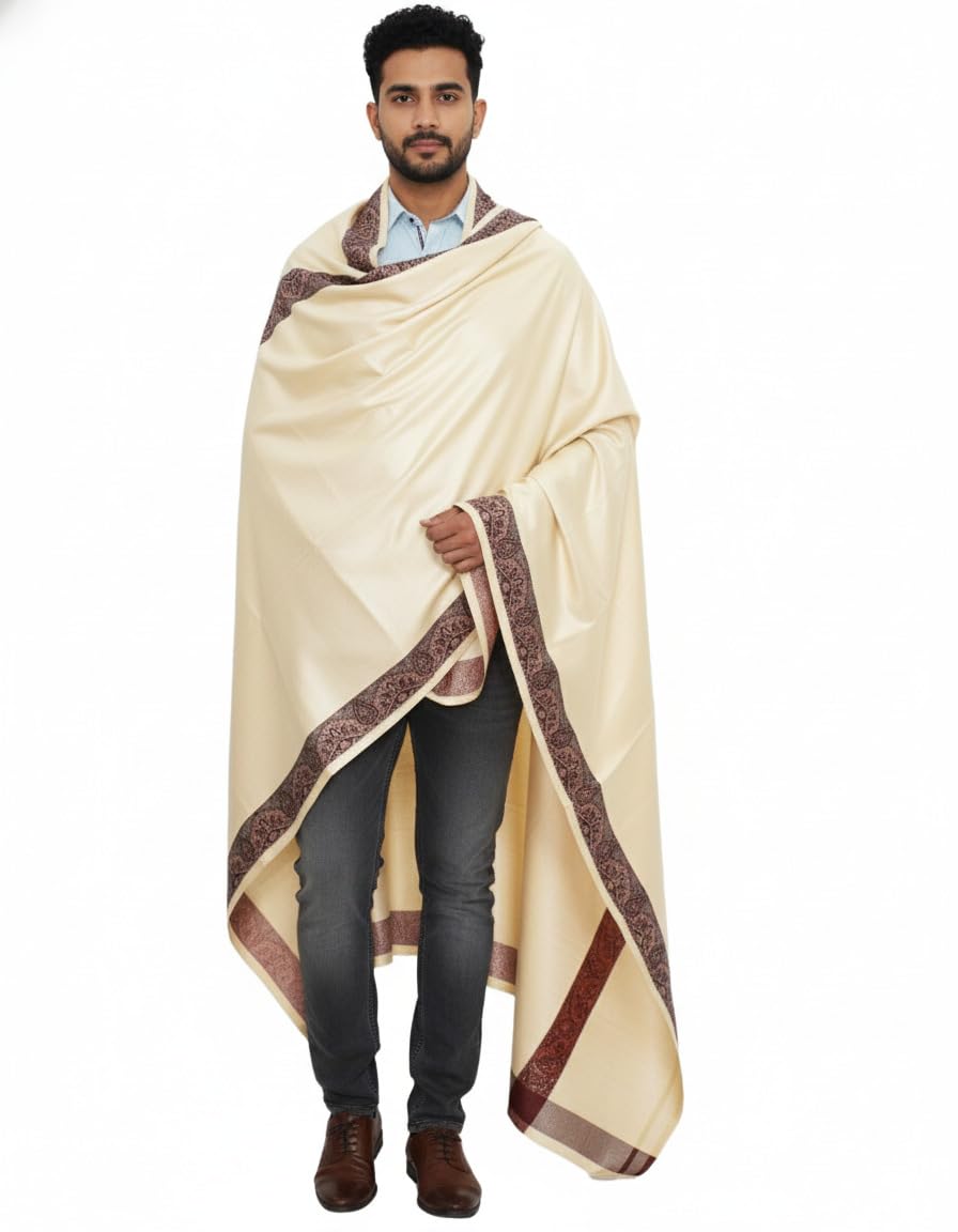 v vrinde Vrinde Dark Cream Wool Self Design Men's Shawl KA-SWL-25-picture-22