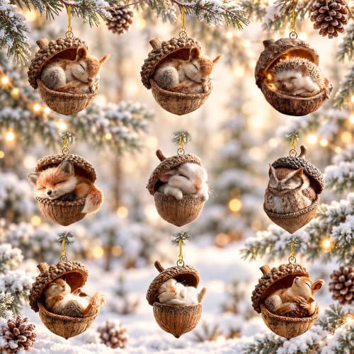 9 PCS Decoration Noel, Deco Noel 2D Animaux de la Forêt en Forme de Gland