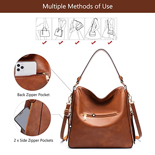 Hobo Bags for Women Handbags Purse Ladies Boho Shoulder Bag Crossbody Purses PU Leather Brown 2PCS - Image 6